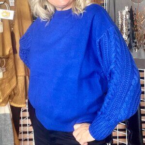 Long Sleeve Pull On Sweater Cable Knit Sleeves Round Neck Blue New Large